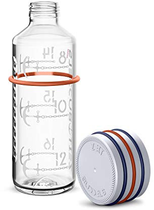 Für Kohlensäure geeignete stabile Glasflasche 600 ml mit Uhrzeiten, Zeiteinteilung, 0,6 l Trinkflasche mit Zeitmarkierung Trinkerinnerung, BPA frei, auslaufsicher, Zeitbuddels NAVIGATOR, Weiß