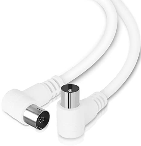 Aigostar Câble Coaxial, Câble Antenne, Angulaire Coudée à 90°, pour TV, HDTV, Radio, DVB-T2, DVB-C, DVB-S, FULL-HD, 3m, Blanc