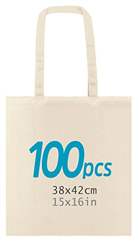 Bolsa Tote Bag, Pack de 100 Bolsas de Algodón Multiusos con asas largas, Bolsa Fuerte, Lavable reutilizable, ideal para bolsa Compra, para Ropa, Colegio, Alimentos, Verduras, Manualidades, Pintar