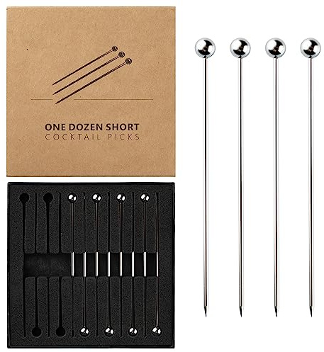 Jettory 12 st korta cocktailplektrum – metallomrörningspinnar för drinkgarnering, blodiga Mary spett, räkcocktail – rostfritt stål cocktail tandpetare – cocktailpinnar för drycker (silver/10 cm)