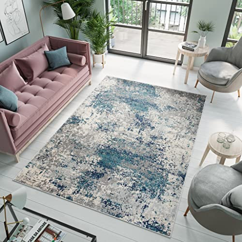 TAPISO Denver Teppich Kurzflor Grau Blau Abstrakt Meliert Verwischt Schlafzimmer Wohnzimmer Büro Modern Design ÖKOTEX 300 x 400 cm