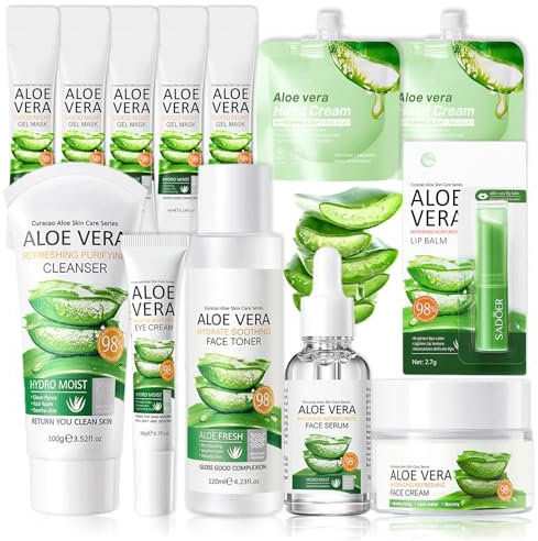 Shefave Aloe Vera Hautpflege Sets & Kits, 13-tlg Skincare Set mit Gesichtsreiniger,Serum, Toner, Aloe Vera Creme, Lippenbalsam, Handcreme, Schlafmaske, NäHrendes Gesichtspflege Set (M)