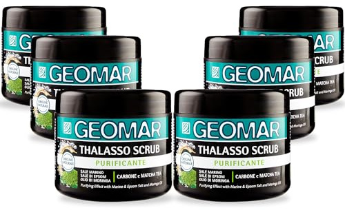GEOMAR | Thalasso Exfoliante Purificante, Con Sal Marina, Sales de Epsom, Aceite de Moringa y Extractos de Carbón y Té Matcha, 95% de Origen Natural, Made in Italy, Paquete de 6 x 600 g