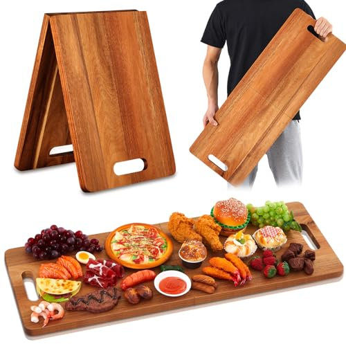 FoldTier Large Acacia Charcuterie Board with Handles, 33 x 12 Inch Foldable Travel Serving Cheese Boards Wood Extra Long Rectangular Charcuterie Platter for Party Food Appetizers Housewarming Gift