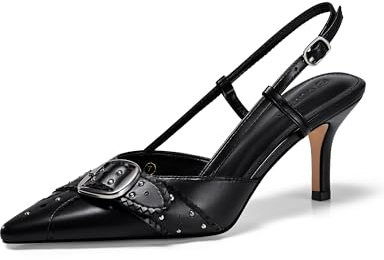 Coutgo Womens Slingback Kitten Heels Studded Closed Pointed Toe Pumps with Buckle Shoes, Black, Size 8