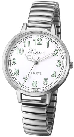 JewelryWe Reloj Correa Elástica Mujer: Reloj de Cuarzo Analógico Redondo Plata para Señora Esfera Escala de Números Grandes Luminoso Correa de Acero Inoxidable Extensible - para Ocio Negocios Regalo