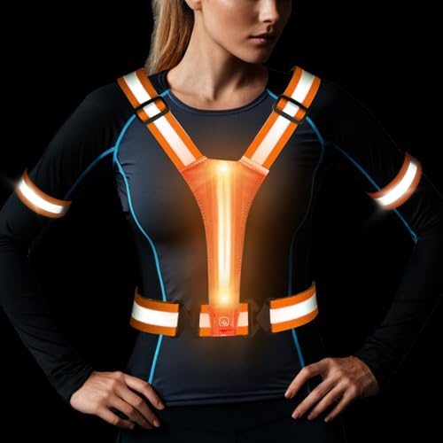 ocuvaep Gilet Reflechissant Running LED, LED sécurité Rechargeable USB avec 2 Bracelet Réfléchissant, Gilet Reflechissant Velo Élastique et Réglable, pour Jogging, randonnée, Vélo la Nuit (Orange)