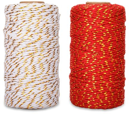 KINGLAKE 2x100m White/Red Cotton String with Gold Twine, 2mm Christmas String for Gift Wrapping, Glitter Metallic Bakers Twine for Crafts, Xmas Decoration & Gardening