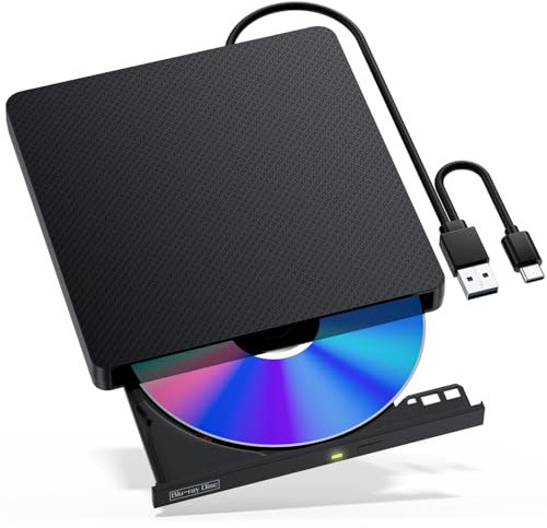NVOPERANG External Blu-ray Drive, USB 3.0 & Type-C BD/DVD/CD Burner – Portable Blu-ray Player with 3D Playback, Compatible with Windows, Linux, Mac OS (2 IN1)