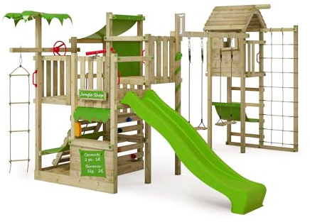 FATMOOSE CrazyCoconut Club XXL - Paletta da arrampicata con torre, scivolo verde mela e telone, torre da arrampicata per bambini all'aperto con sandbox, scala e accessori da gioco per il giardino