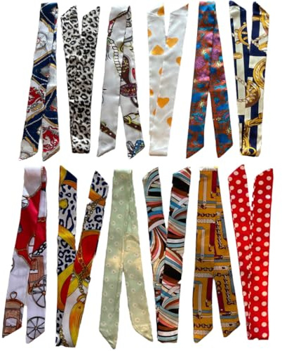 FonVan 12 Piezas Bufanda Del Bolso De La Hembra, Pañuelos Seda Cuello Mujer Turbante, Multifunción Bufanda De Cuello Estrecho Para Damas, Diseños mixtos de satén, Cinta para el cuello (A01-12colors)