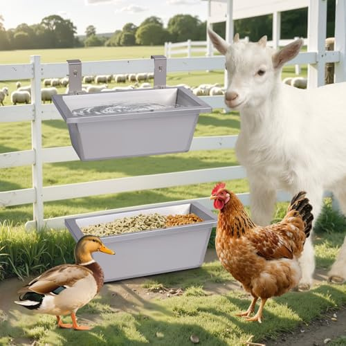 BREUAILY Comedero Automático para Cabras 2Pcs 9L Acero Inoxidable Comedero y Bebedero para Gallinas Comedero Colgante para Caballos Ovejas Cabras Caballos Pollos Pato