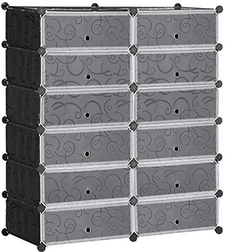 HOMCOM Zapatero Modular, Armario Modular para Zapatos, Cubos de Plástico con Puerta Diseño DIY y 12 Cubos, para Dormitorio, Entrada, Negro