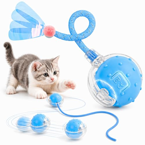 EXTFANS Palla elettrica per gatti con 2 corde di coda, giocattolo elettrico per gatti, giocattolo interattivo con 4 modalità e voci per uccelli, Powerball a 360° e ricarica USB (blu, 2 modalità)