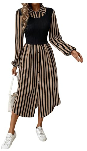 GORGLITTER Women's Striped Colorblock A Line Midi Dresses Button Slit Front Collared Long Sleeve Elegant Shirt Dress Khaki Small