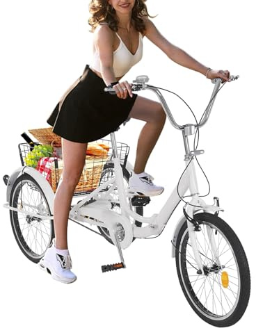 YUYUZI - Triciclo blanco para adultos y personas mayores - Triciclo de carga con gran cesta, capacidad de carga de 120kg, bicicleta de compras segura con doble freno, asiento ajustable para mujeres