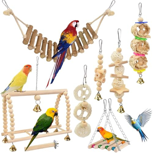 JNEYVIC Lot de 8 Jouets en Bois Naturel pour Oiseaux – Perchoir, Balançoire, Hamac, Échelle et Clochette – Jouets à Mâcher et à Grimper – pour Perruche, Calopsitte, Inséparable – Accessoire de Cage