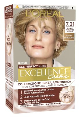 L’Oréal Paris Colorazione Permanente, Copertura dei Capelli Bianchi e Maturi, Risultato Naturale, Formula Senza Ammoniaca, Excellence Age Perfect Nude, Tonalità: Biondo Naturale Ambra (7.31)