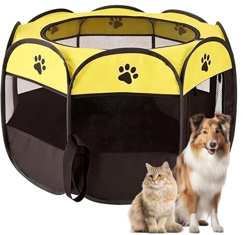 Recinto per Cani da Interno, Portatile Box Cani per Interno ed Esterni, Box Pieghevole per Cane e Gatti, Kennel Cane Piccolo, Gabbia per Gatto, Cucciolo Conigli, 74 x 74 x 43 cm (Giallo)