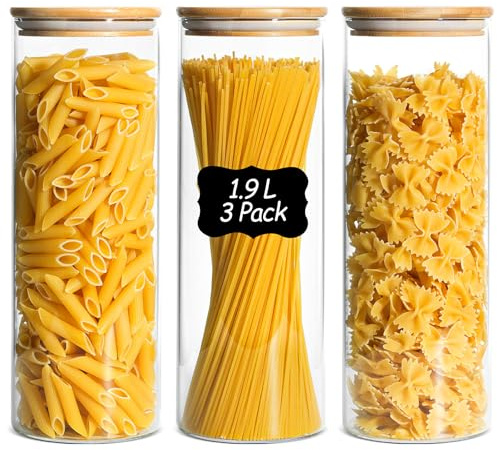 ComSaf förvaringsburkar i glas med bambulock, 1,9 L, 3-pack | kompakt rund form, pulvermjölk, russin, fyllda karameller, smidig förvaring, för skafferi och kök