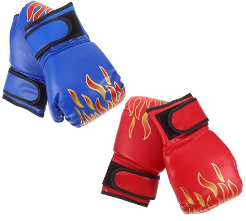 Toddmomy 2 Pairs Boxing Gloves Set, Pu Leather Kickboxing Training Gloves for Boys, Sparring Punching Bag Mitts for Taekwondo and Mma Practice, Flame Red and Flame Blue