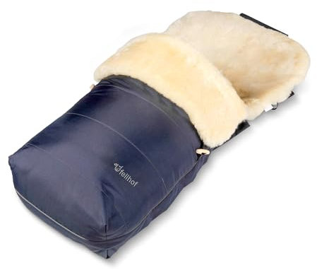 Fellhof 109401 Lammfell-Fußsack Garmisch, Oeko-TEX® Zertifiziert, 45x97 cm, Wind- und wasserdicht, Rückenteil abzipbar, waschbar bis 30° C (Marine)