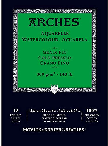 Unbekannt Papel de Acuarela, Bloc 12 Hojas engomado 1 Lado, Grano Fino, 300 g/m², Madera, weiß, 21 x 14 x 1 cm