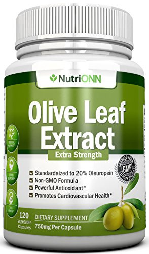 Olive Leaf Extract - 750 Mg - 120 Capsules - Extra Strength - 20% Oleuropein - Non-GMO Formula - Premium Quality From Pure Olive Leaves - Powerful Antioxidant - Great for Heart, Skin and Brain