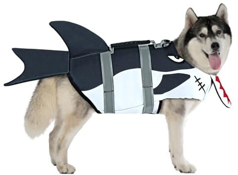 Dog Life Jacket Ripstop Pet Safety Floatation Vest Adjustable Dog Life Preserver Reflective Durable Rescue Handle Pet Lifesaver for Small Medium Large Dogs Swimming Beach Boating（Shark, M）