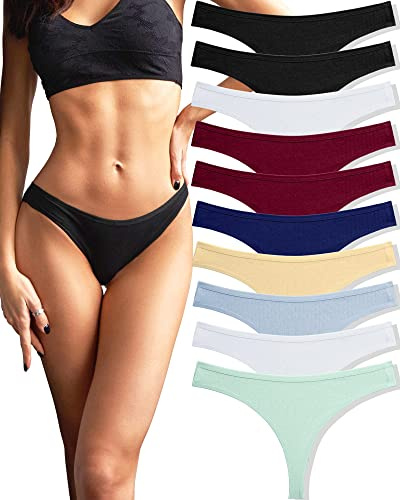 FINETOO Pack of 10 Cotton Thong Women's Sexy Lingerie Briefs Tanga Hipster Underpants Thongs Set Underwear Comfortable Women Multicoloured S-XL,A-10,L
