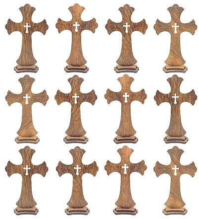 9 Inch 12 Pack Brown Wood Standing Crosses Wooden Tabletop Cross Rustic Cross for Baptism Centerpieces Home Church Decor Prayer Gifts