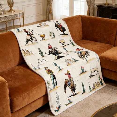 Western Throw Blanket, Wild West Cowboy Horse Desert Cactus Cozy Warm Bed Couch Wrangler Blanket, Soft Cozy Plush Warm Cowboys Blanket for Sofa Couch Bed 50X60