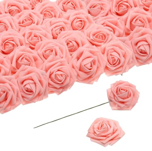 QUARKZMAN 25pz Rose Schiuma Fiori Artificiali, Rose Finte con Steli Schiuma Effetto Reale Rose Finte per Matrimonio Festa Ufficio Casa Decorazione, Rosa Chiaro