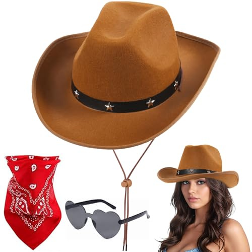 Aomig Chapeau de Cowboy Western - Déguisement pour Adultes avec Lunettes de Soleil et Bandana - Accessoires de Costume pour Halloween et Carnaval(Marron-Étoile)