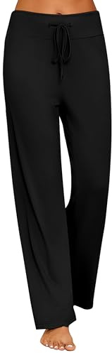 Ekouaer Mujer Pantalones de Pijama Largo Suave Pantalon de Pierna Ancha Lounge Inicio Pantalones con Cordón Negro