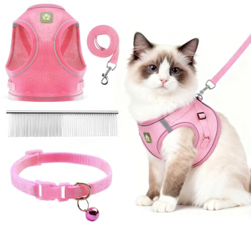 CUEMOON Pettorina per gatti con guinzaglio, pettorina morbida per gatti, guinzaglio con imbracatura per gatti, regolabile, set di stoviglie per gatti (rosa, M)