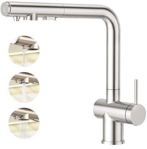 Faustina Grifo de cocina de 3 vías con ducha extensible, monomando para fregadero de agua potable, para sistema de ósmosis inversa y filtro de agua de acero inoxidable cepillado