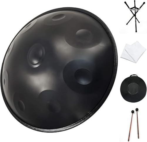 Strumento A Tamburo Handpan in Re Minore 9 Note Tamburo A Mano in Acciaio da 22 Pollici con Borsa Morbida per Pan, 2 Martelli per Padella, Supporto per Pad, Panno Senza Polvere, Black