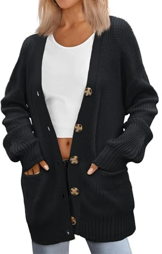 Zeagoo Cárdigan de Punto para Mujer Cardigan de Manga Larga con Cuello en V y Botones Chaqueta de Punto Grueso Casual Otoño Invierno Negro M