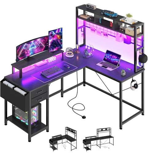 YITAHOME 150cm Bureau Table Gaming L LED Prises Tiroir Reversible Noir | Bureau d'angle L 150x100x150cm, LED RGB, 3 prises 2 USB, etageres, bois robuste, gaming bureau d'ordinateur pour Maison