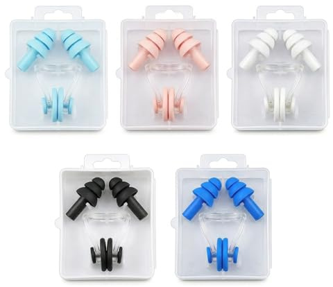 NiceNaiils Juego de 5 Kits de Pinza Nariz Natación y Tapones para Oídos, Silicona Suave para Adultos y Niños con Caja de Almacenamiento, Accesorios de Natacion para Piscina y Playa