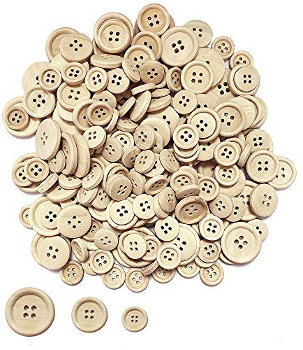 Juland 200 Stück Holz Knöpfe Retro Bastelknöpfe Gemischte Puppenknöpfe Rund Kinderknöpfe Holzknöpfe 4 Löcher zum Nählen Basteln Handwerk Malerei DIY Basteln Deko - 15, 20, 25mm