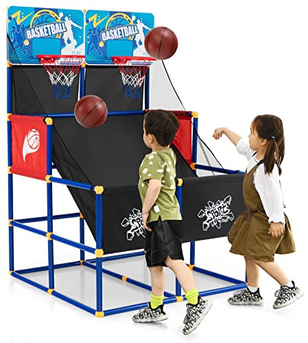 COSTWAY Arcade Basket Set med 2 korgar, 4 bollar och pump, minikorg utomhus, 2 spelare, fälg för barn