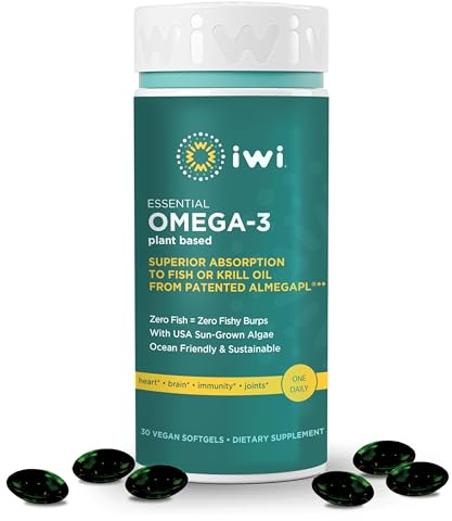 Iwi Omega-3 Essential, 30 Softgels (30 Servings), Plant-Based Algae Omega 3 with EPA + DHA, Brain, Heart & Immune Support Dietary Supplement, Krill & Fish Oil Alternative, No Fishy Aftertaste