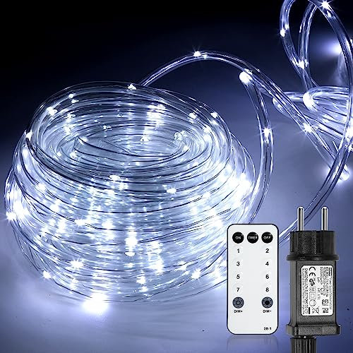 Cecaylie Tubo luminoso da 10 m, per esterni, bianco freddo, 8 modalità, per interni, con telecomando e timer, 100 LED, IP65, dimmerabile e funzione memoria per matrimoni, feste, giardino, balcone