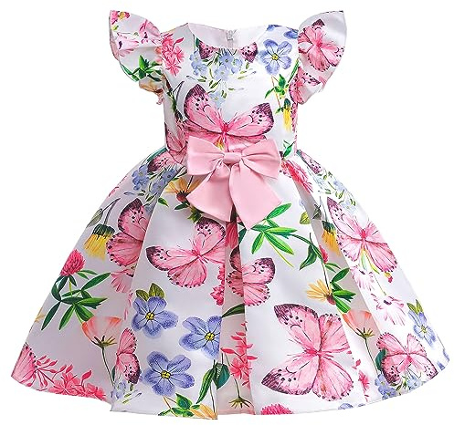 Happy Cherry Vestito da Festa Bambina Stampa Floreale Senza Maniche Ragazza Abito da Principessa Fiocco per Nozze Battesimo Cerimonia 5-6 Anni Rosa 4