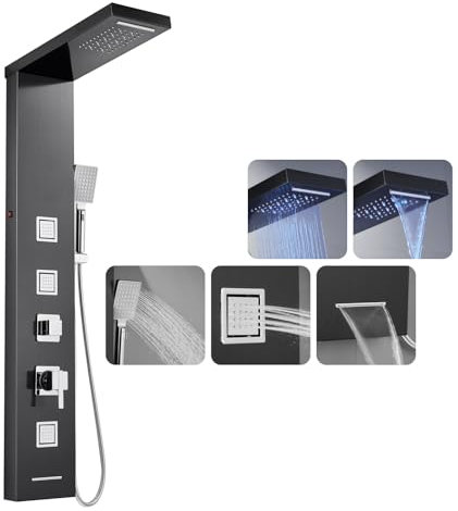ROVOGO 5 in 1 Black Shower Panel Tower System with LED Lights - Column Shower with Rainfall, Waterfall, Body Jets, Tub Spout and Handheld, Stainless Steel Shower Panel Column Tower, Wall Mounted