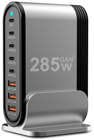 USB C Fast Charger - 285W GaN 8 Port Fast Charging Station Tower Hub: Type C Charger Block Power Strip Adapter Plug for MacBook iPad iPhone 17/16/15/14/13/12 Pro Max Samsung Galaxy & More Smartphones