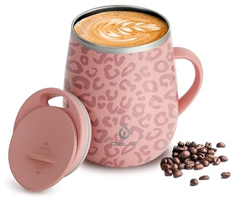 Ideus® Kaffeebecher 470 ml (16 oz), doppelwandige vakuumisolierte Kaffee- und Teetasse aus Edelstahl mit rutschfestem Griff und Schiebemoduldeckel und großem Volumen (Leopard Rosa)