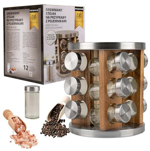 KARL HAUSMANN Portaspezie girevole con 12 barattoli per spezie, portaspezie, rotondo, organizzatore per spezie, portaspezie in acciaio inox e legno, girevole